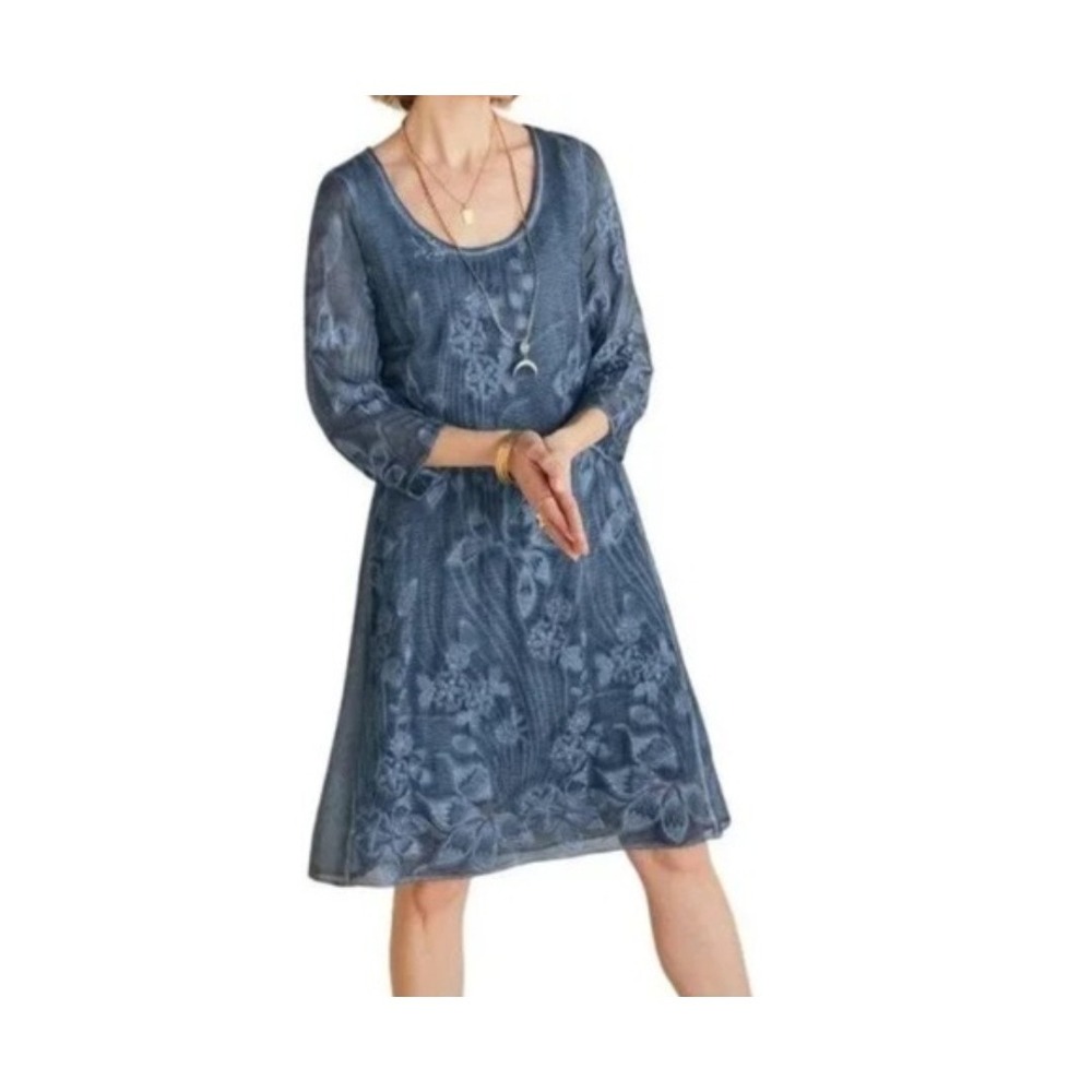 Soft Surroundings Starling Silk Dress Women 1X Mallard Blue Lined Boho Lagenlook